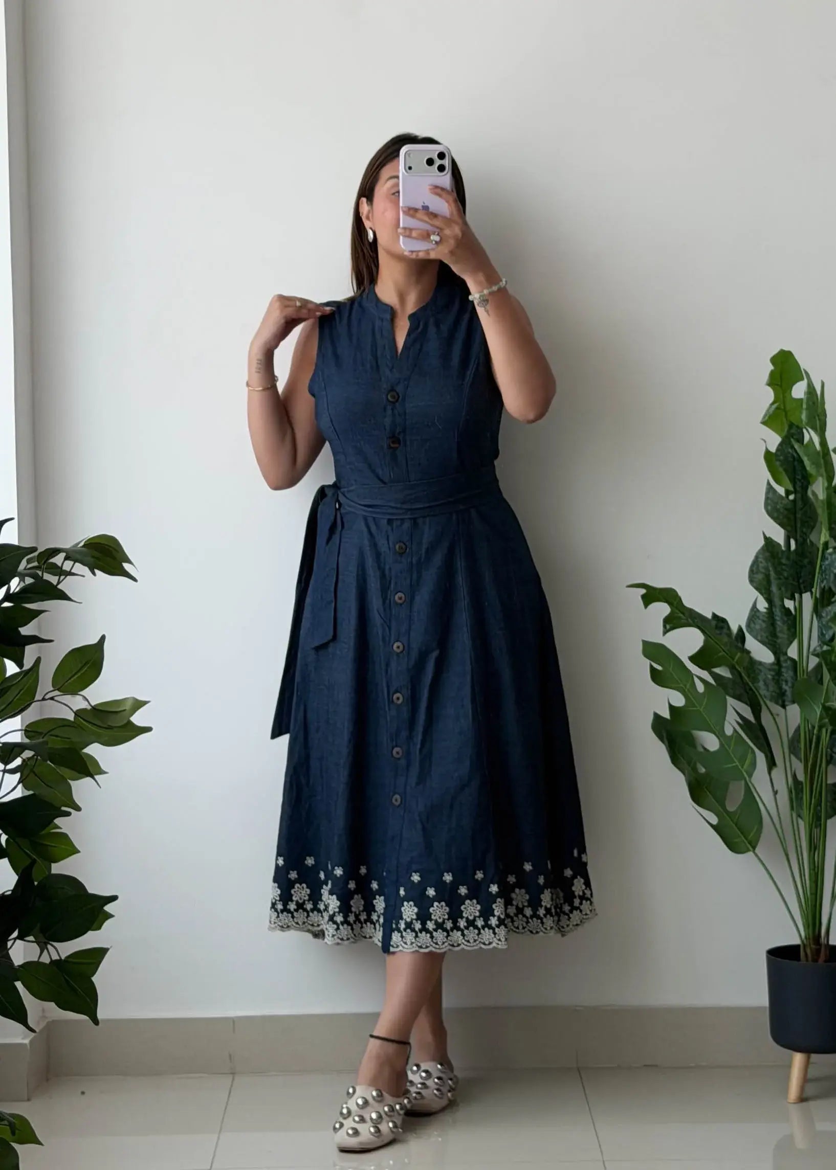 Size M, Cotton Button-Down Midi Dress