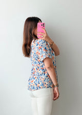 Size S-M Blue Orange Floral Print Shirt Top