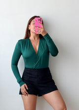 Size XS-S Emerald Green Wrap V-Neck Long Sleeve Bodysuit