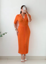 Size S-M Orange Ribbed Collared Midi Dress