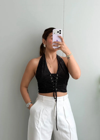 Size S-M, Black Lace-Up Ribbed Crop Top - Closet by Payal