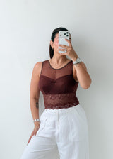 Size XS-S Brown Mesh Lace Top