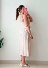 Size XS-S Beige Floral Lace-Up Midi Dress