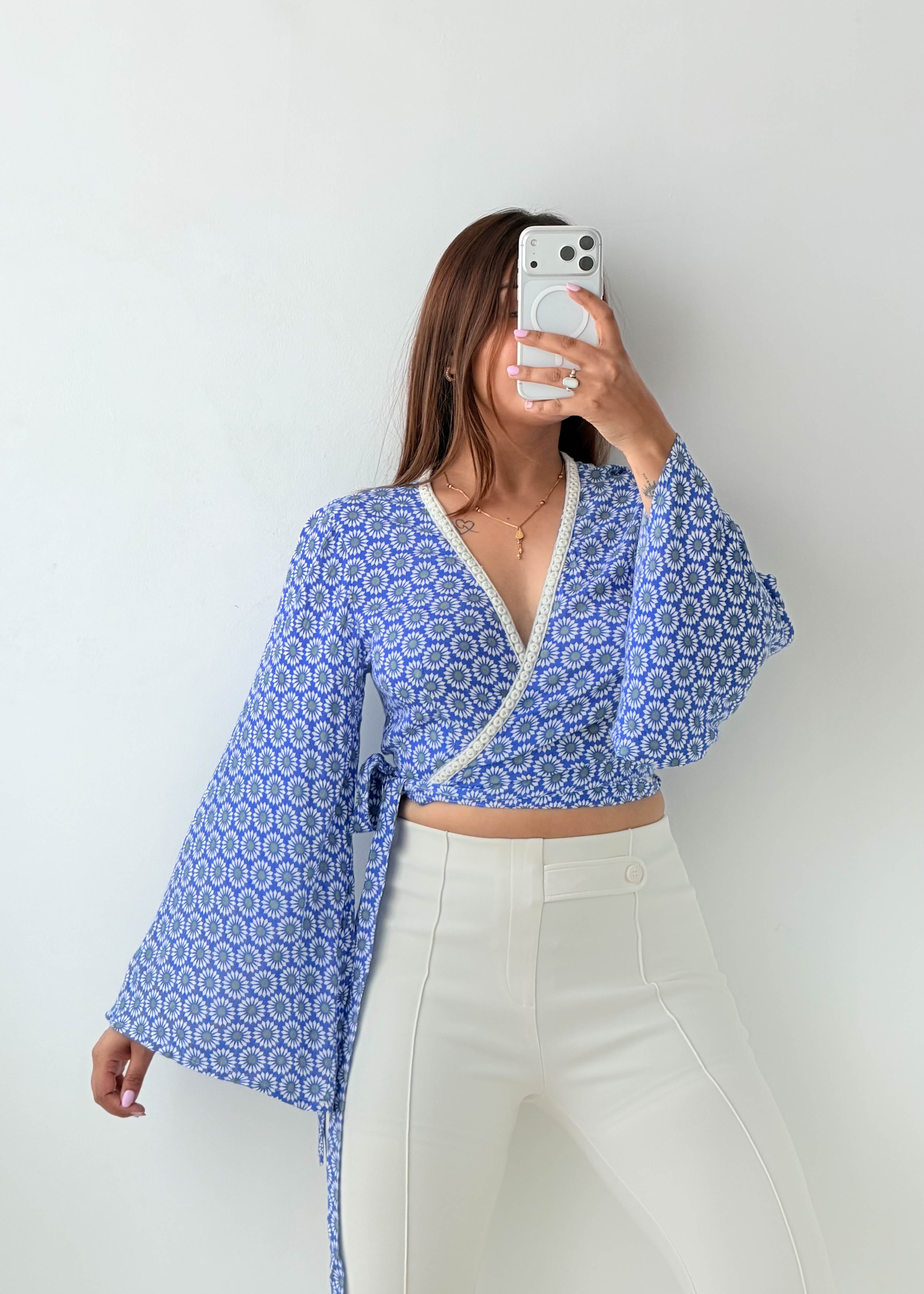 Size M-L Blue Printed Wrap Crop Blouse