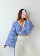 Size M-L Blue Printed Wrap Crop Blouse