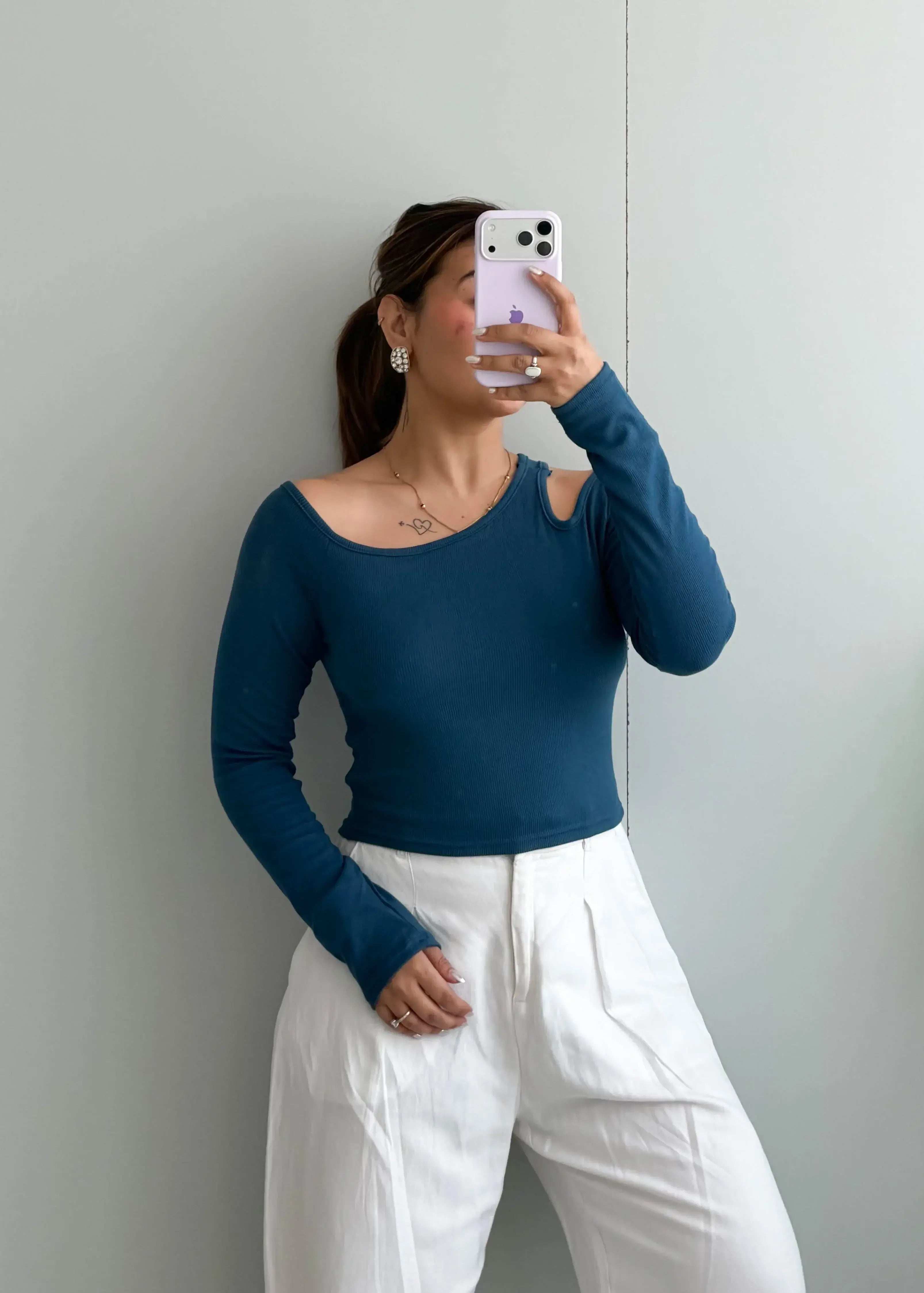 Size M-L, Teal Cut-Out Long Sleeve Top - Closet by Payal