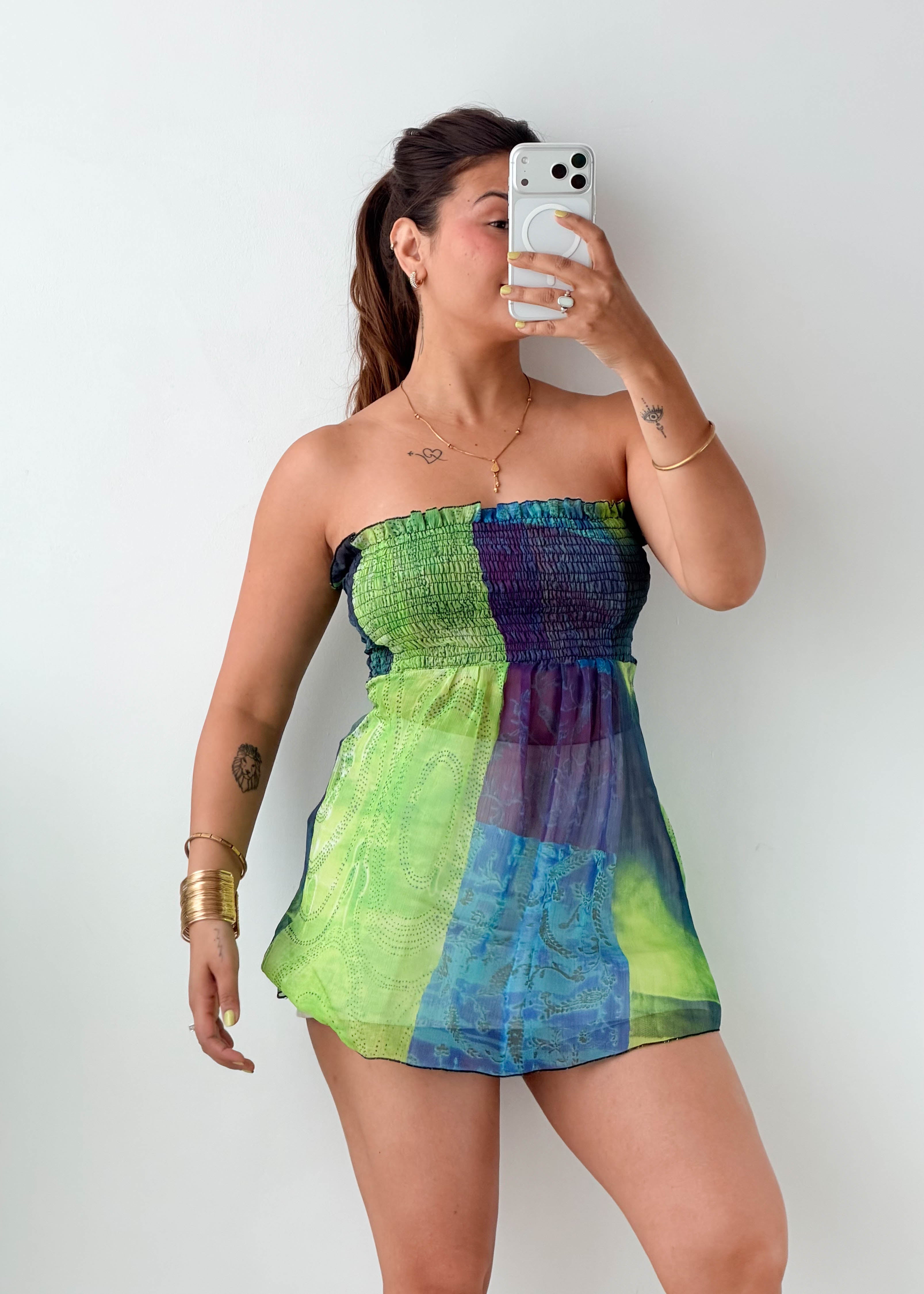 Size XS-M Multicolor Patchwork Smocked Tube Top