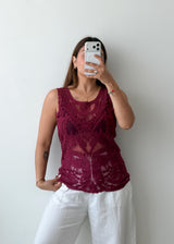 Size S-M Burgundy Lace Sheer Sleeveless Top