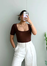 Size L-XL, Brown Square Neck Half Sleeve Top - Closet by Payal