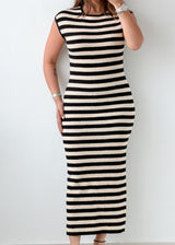 Size S-M Black & White Striped Ribbed Knit Midi Dress