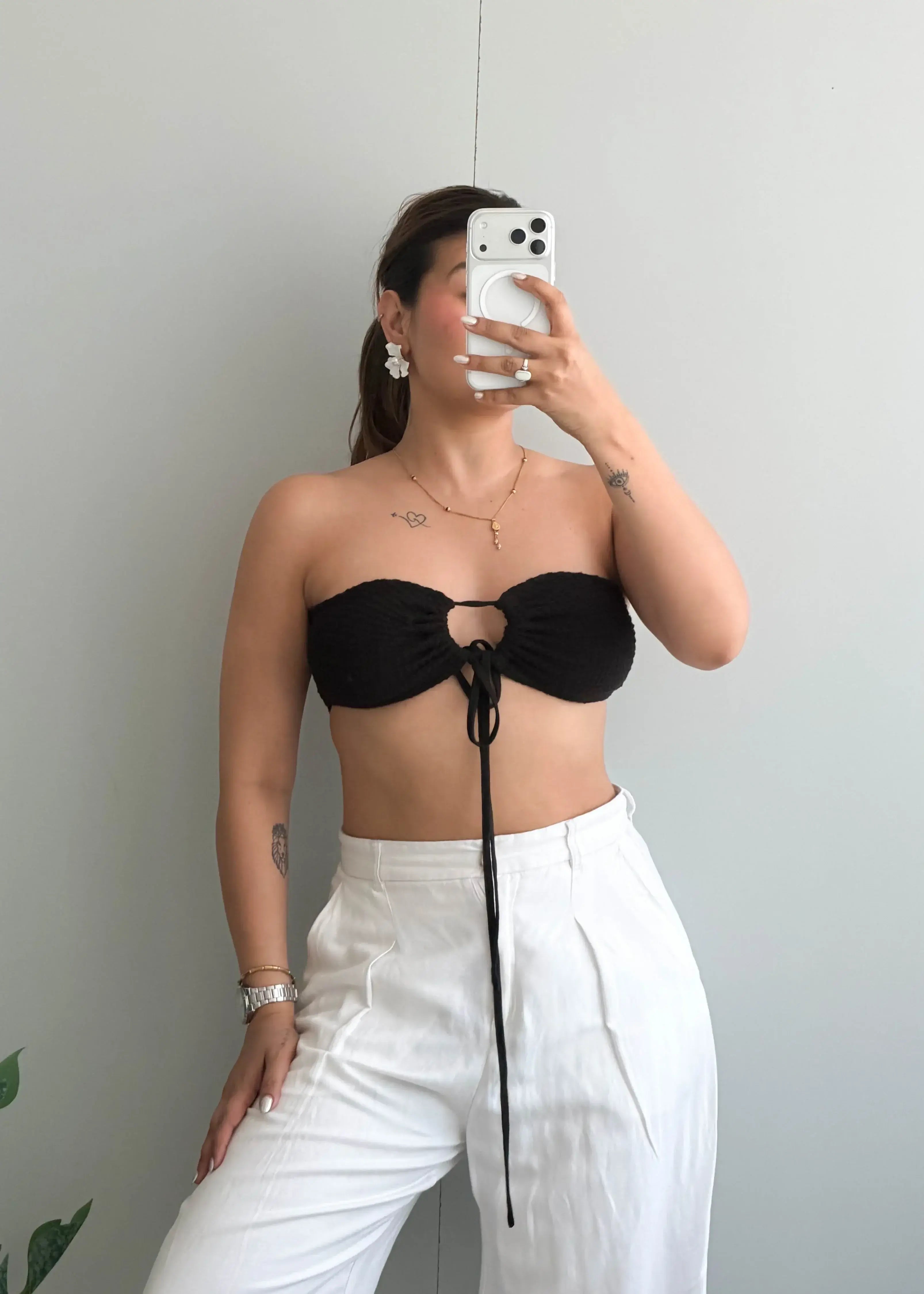Size XS-S, Black Bandeau Tie-Front Crop Top - Closet by Payal