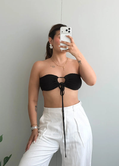 Size XS-S, Black Bandeau Tie-Front Crop Top - Closet by Payal