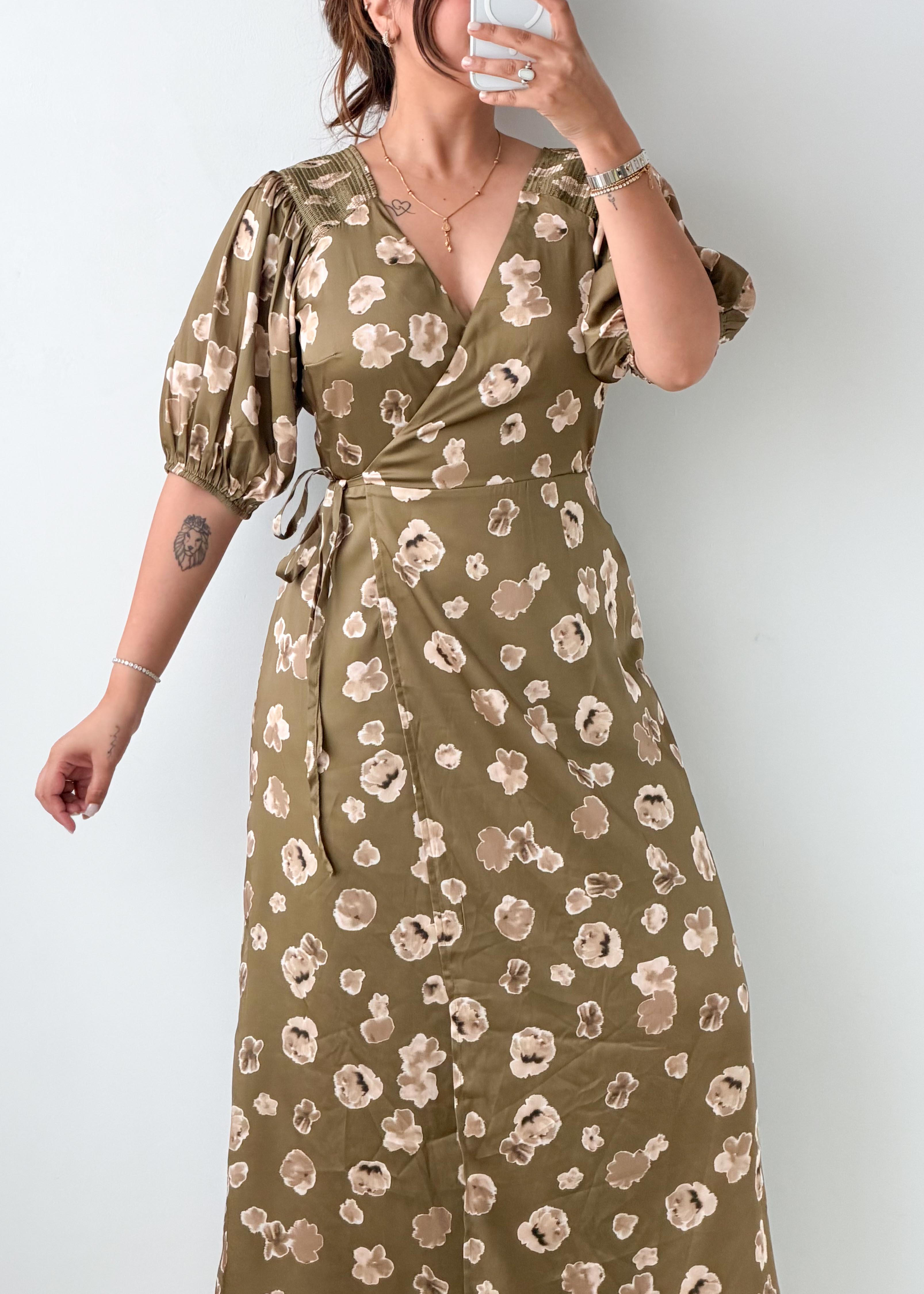 Size M-L Olive Floral Print Wrap Maxi Dress