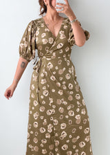 Size M-L Olive Floral Print Wrap Maxi Dress