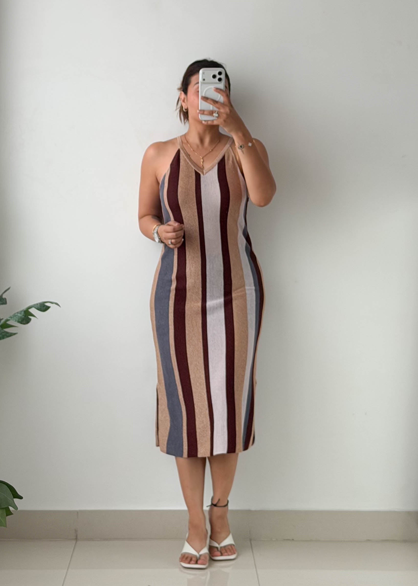 Size S-M Multicolor Striped Ribbed Knit Midi Dress