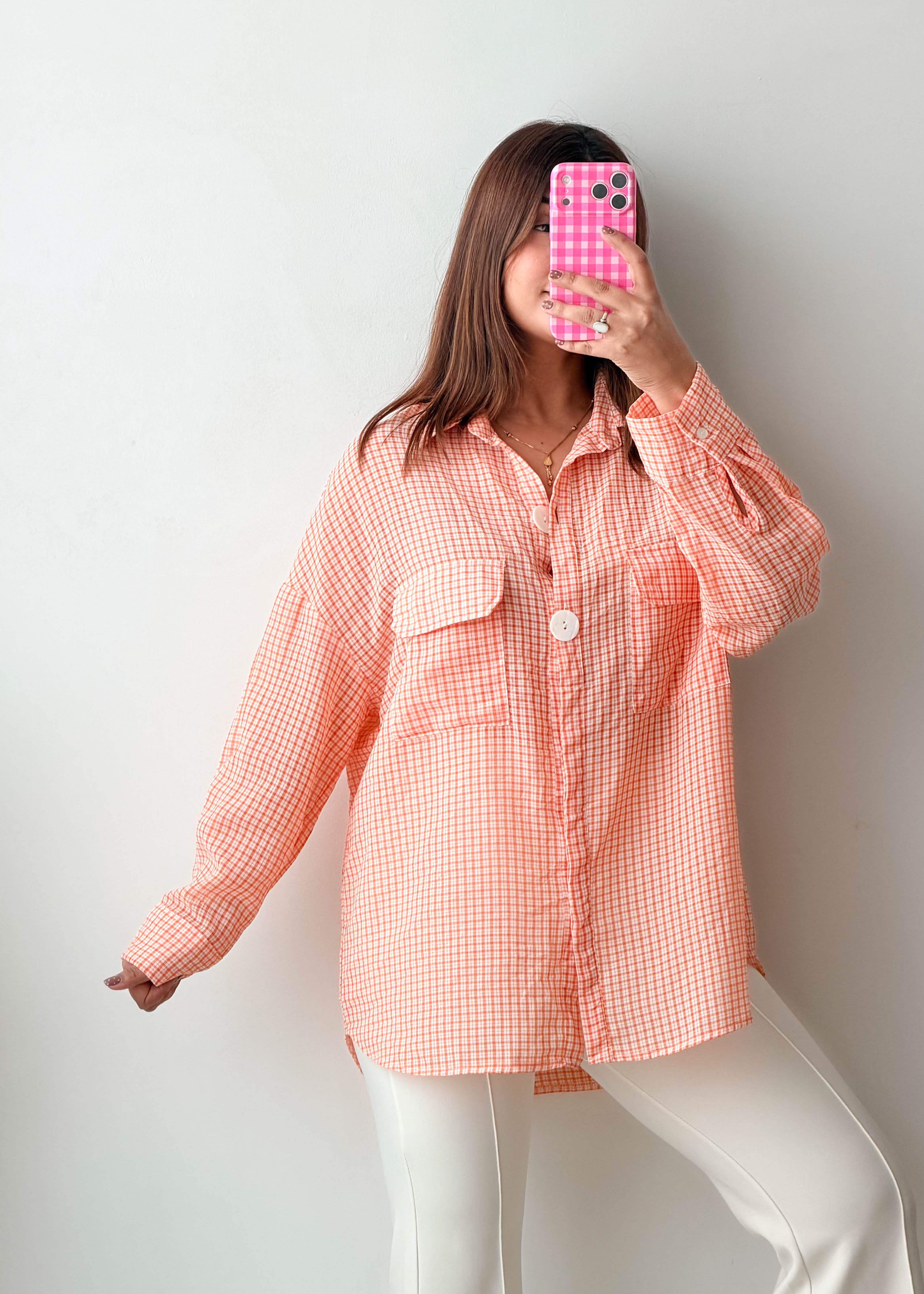 Size M-XL Peach Checked Oversized Shirt