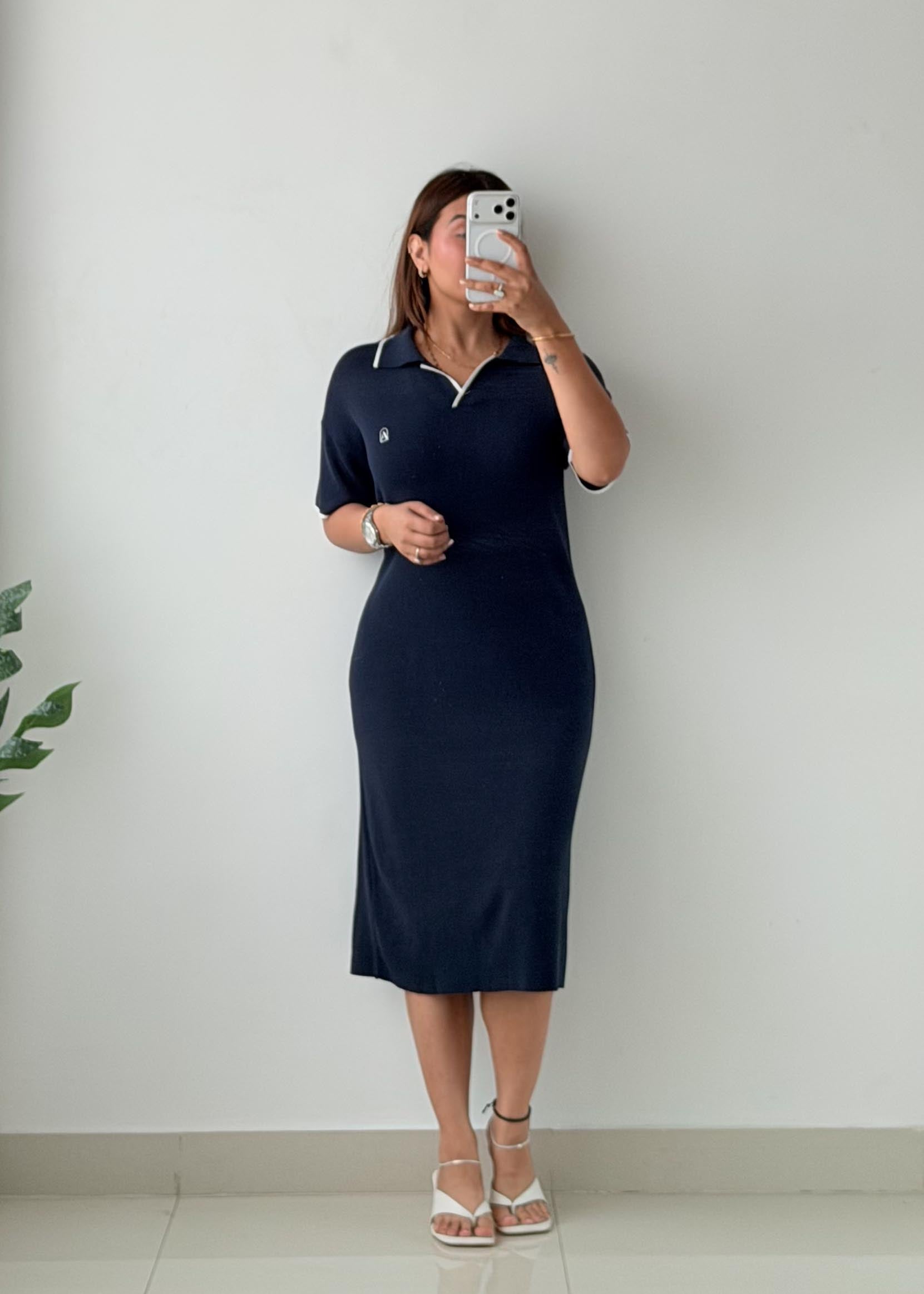 Size L-XL Navy Polo Knit Midi Dress