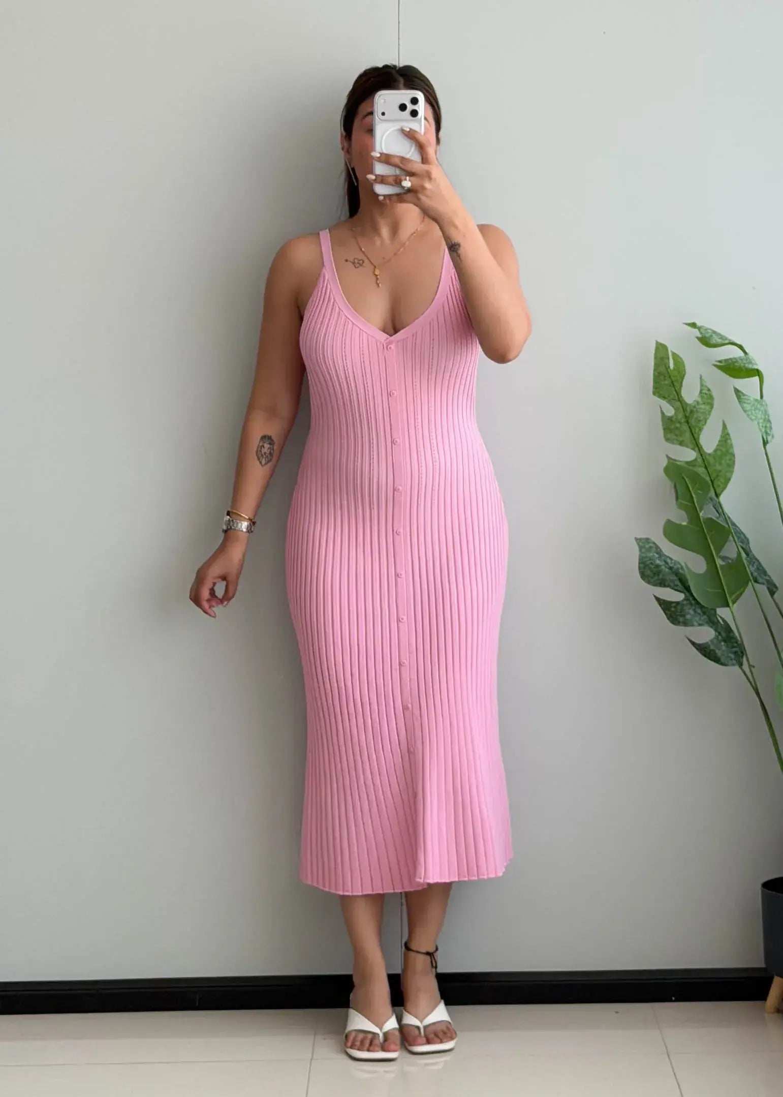 SIZE S-M, Pink Ribbed Button Front Midi Dress - Closet by Payal