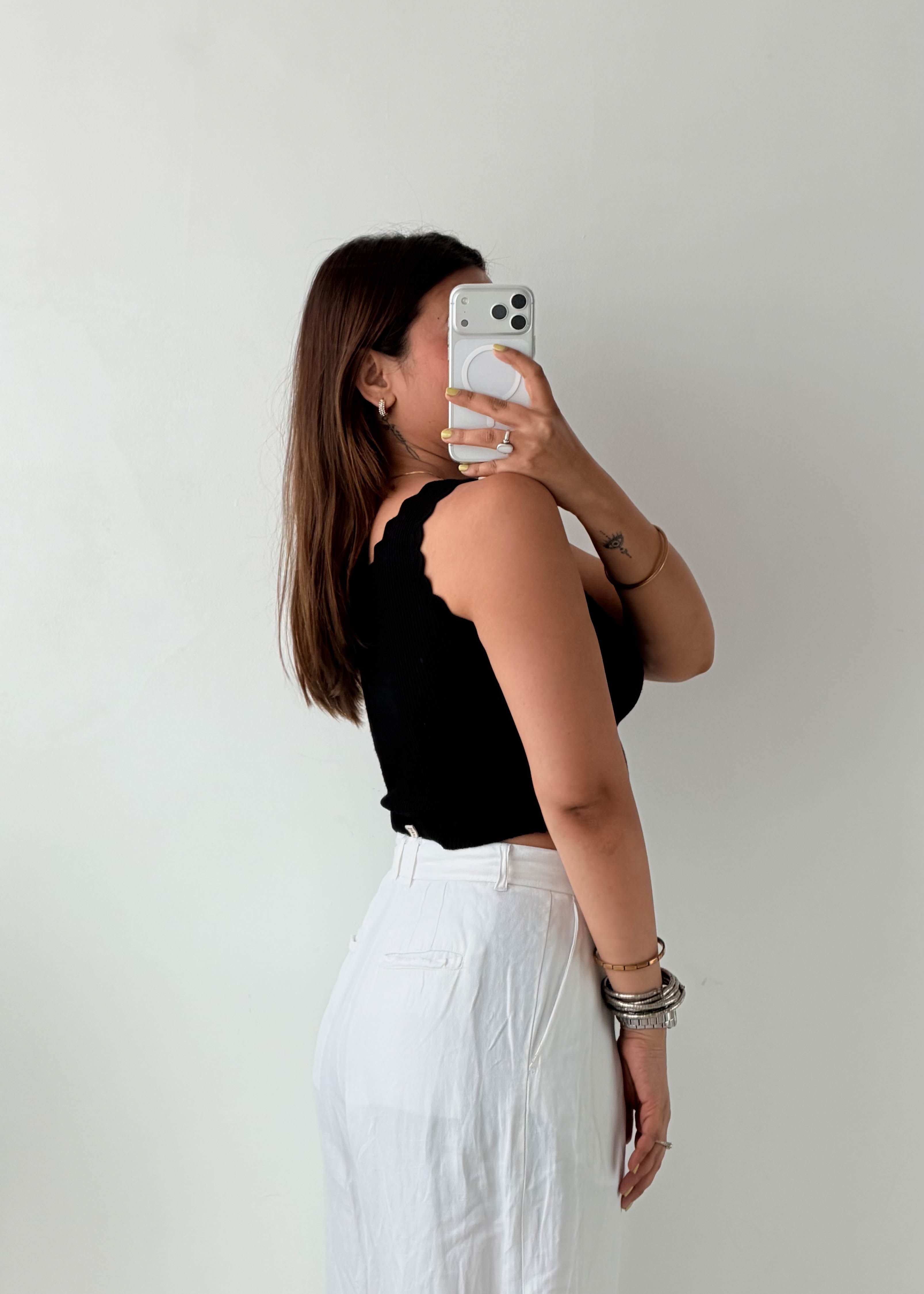 Size S-M Black One-Shoulder Scallop Top