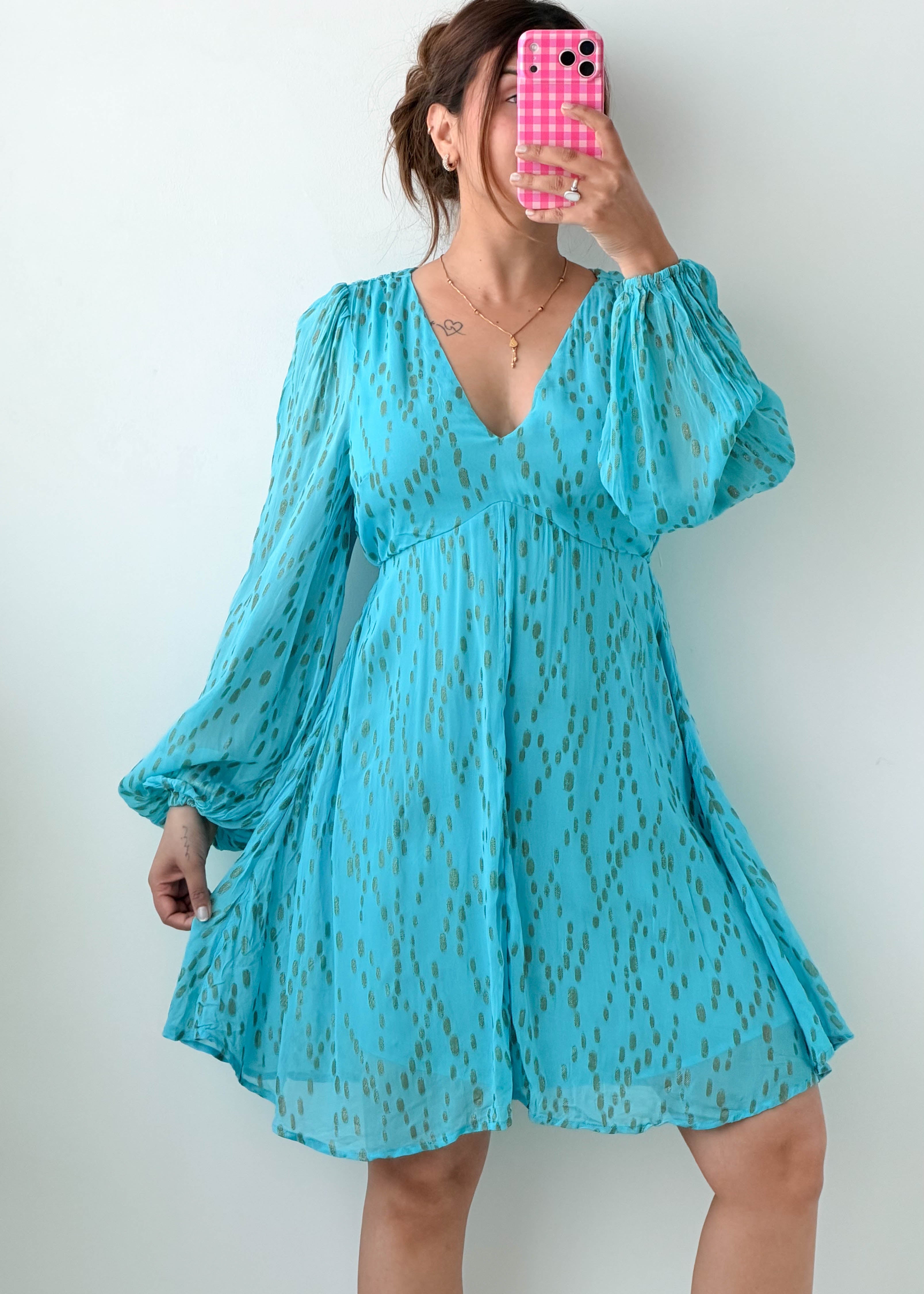 Size S-M Sky Blue Printed Babydoll Dress