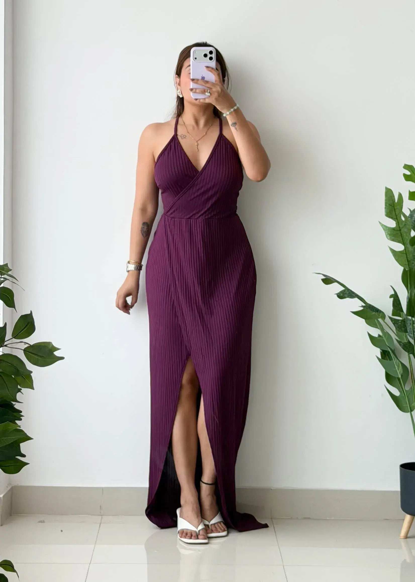 Size L-XL, Plum Halter Neck Ribbed Maxi Dress - Closet by Payal
