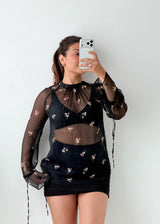 Size S-M Black Sheer Floral Blouse