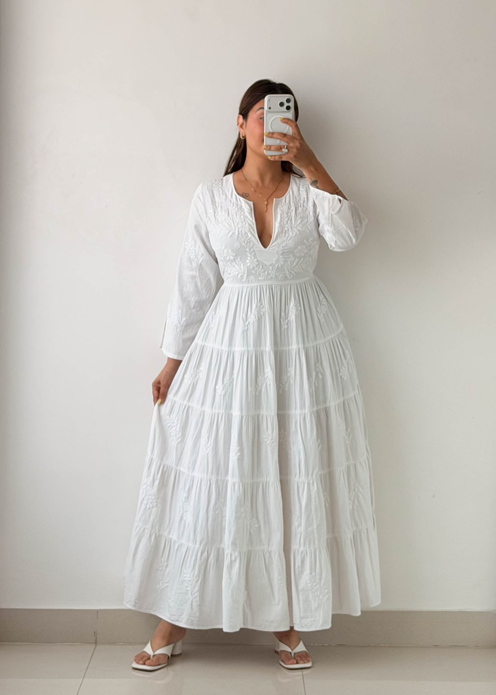 Size XS-S White Embroidered Cotton Maxi Dress