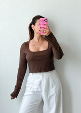 Size M-L Chocolate Brown Ribbed Long Sleeve Top