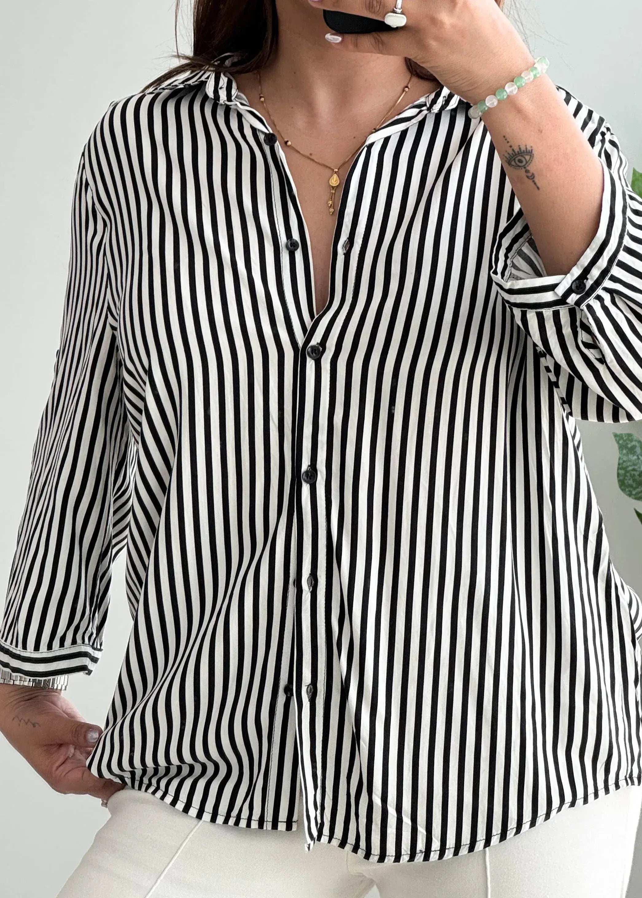 Size S-M, Black & White Vertical Stripe Shirt for Women - Closet by Payal
