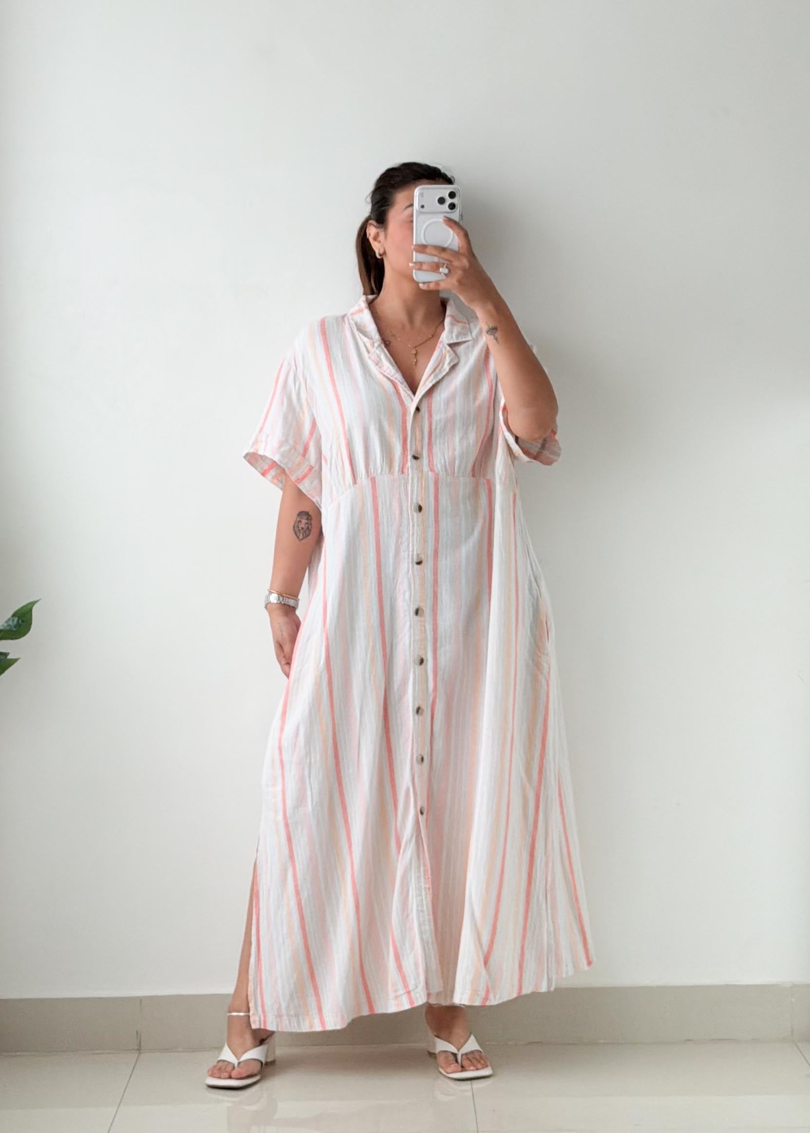Size XL-2XL White & Pink Striped Shirt Midi Dress