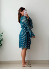 Size M-L Teal Printed Wrap Dress