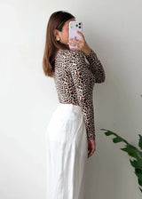Size S-M, Leopard Print Scoop Neck Full Sleeve Bodysuit