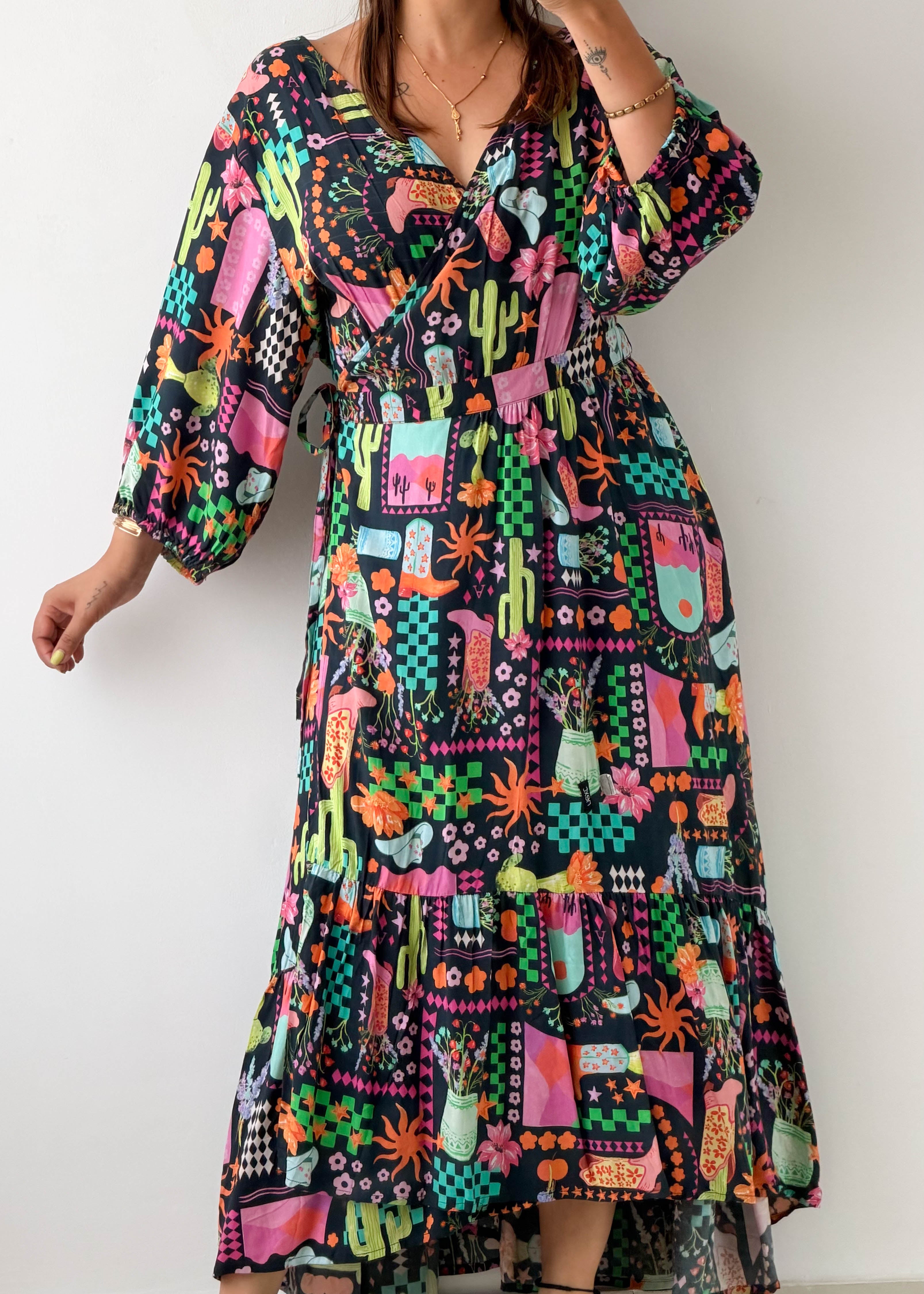 Size XL-XXL Black Abstract Printed Maxi Dress