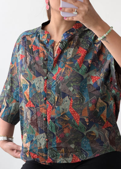 M-L Multi Abstract Print Oversized Soft Chiffon Shirt