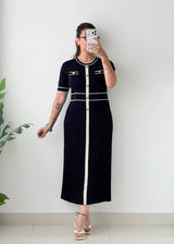 Size L-XL Black Contrast Trim Pleated Knit Midi Dress