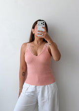 Size XS-S Blush Ribbed Lace Trim Tank Top