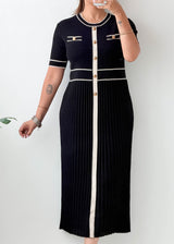 Size L-XL Black Contrast Trim Pleated Knit Midi Dress