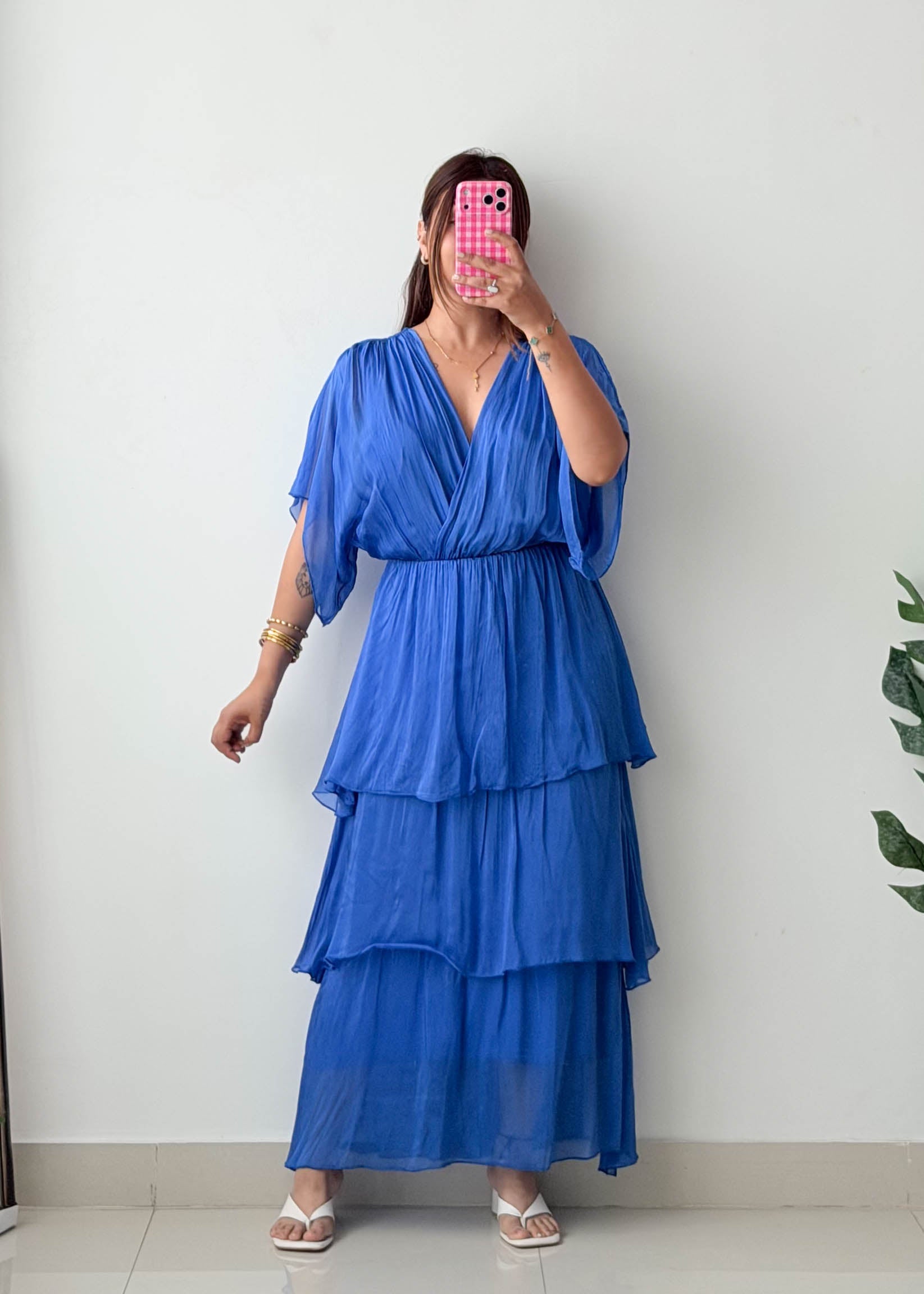 Size M-L Blue Cotton Tiered Maxi Dress