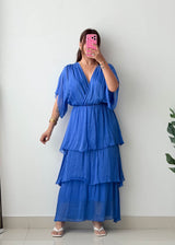 Size M-L Blue Cotton Tiered Maxi Dress