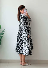 Size S-M Black White Abstract Shirt Dress