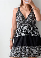 Size L-XL Black & White Floral Tiered Mini Dress