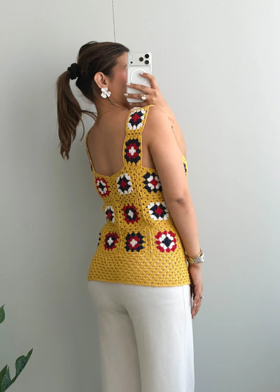 Size S-M, Mustard Crochet Patchwork Tank Top - Closet by Payal