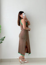 Size M-L Green & Red Striped Knit Midi Dress
