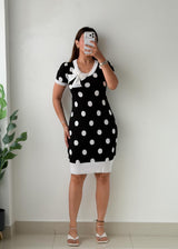 Size M-L Black & White Polka Dot Bow Mini Dress