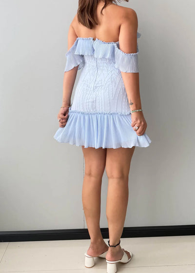 Size XS-S, Light Blue Off-Shoulder Ruffle Mini Dress - Closet by Payal