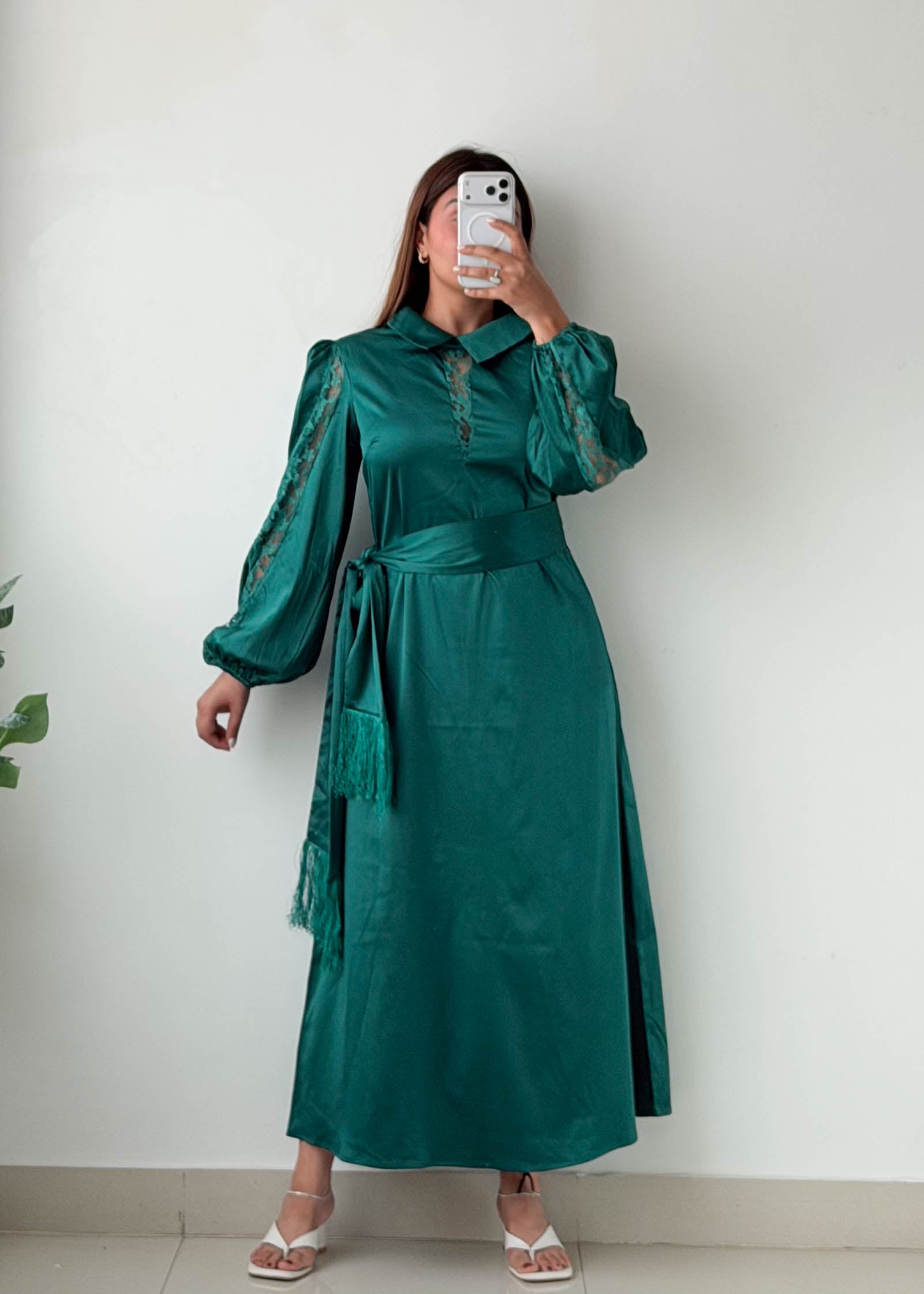 Size S-M Teal Green Satin Maxi Dress