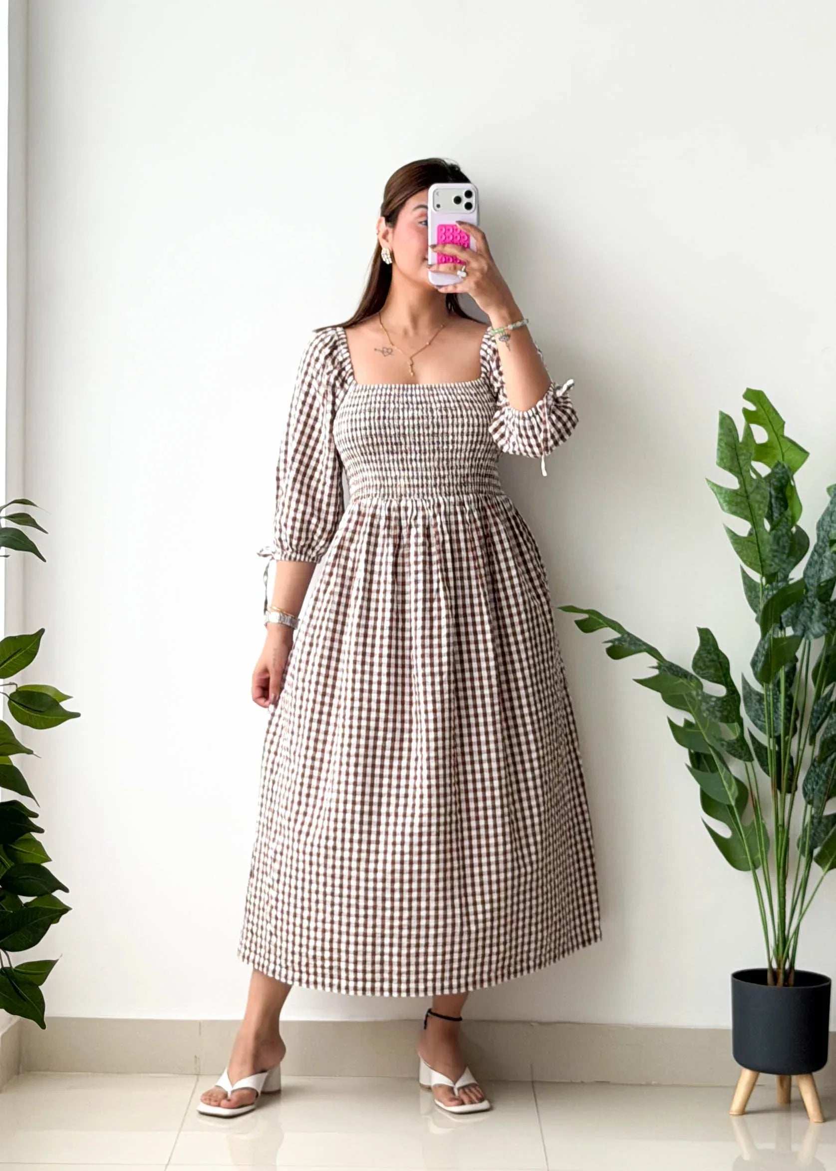 Size M-L, Brown Gingham Smocked Midi Dress