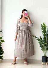 Size M-L, Brown Gingham Smocked Midi Dress