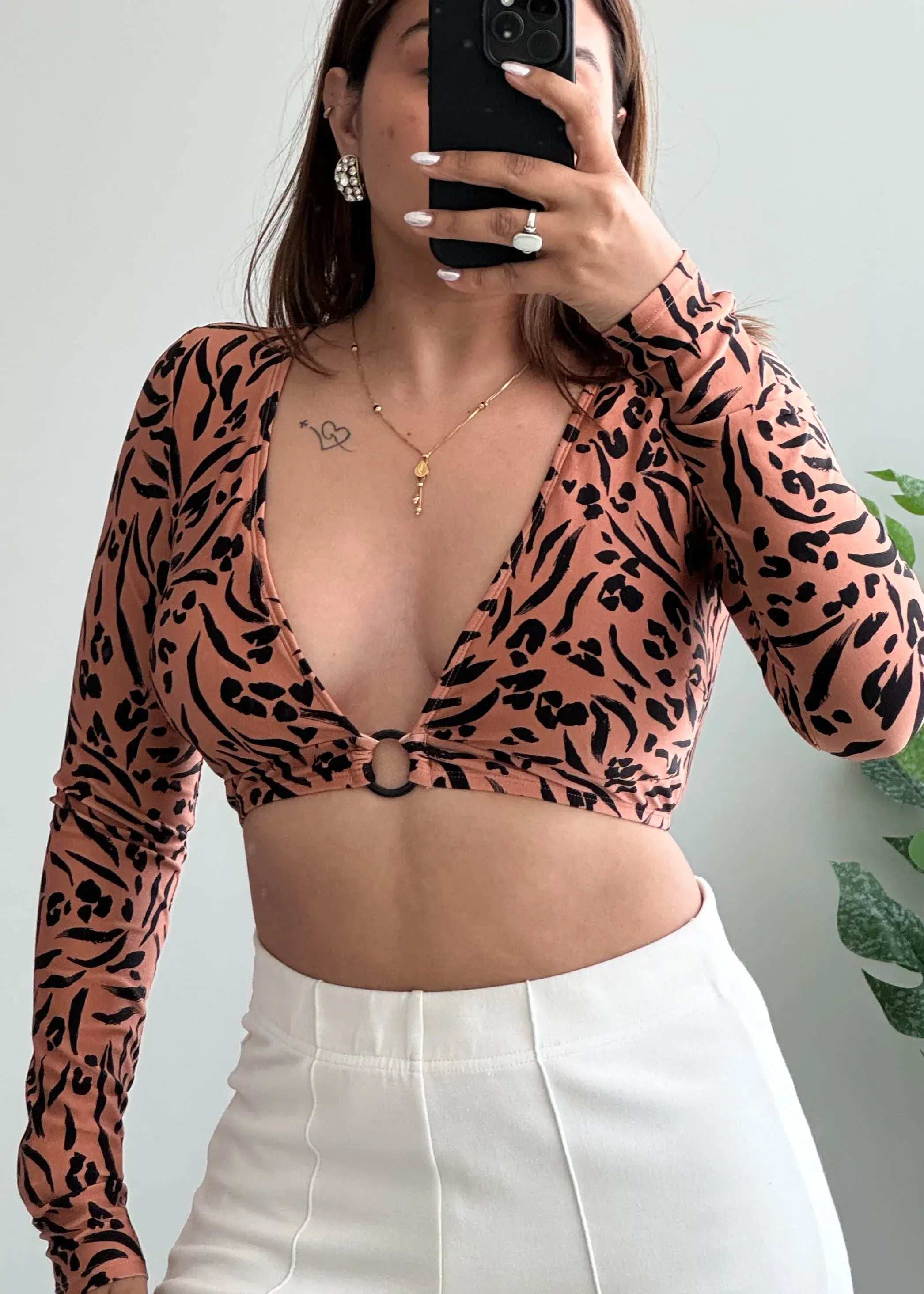 Size XS-S, Long Sleeve Deep V Padded Animal Print Crop Top - Closet by Payal