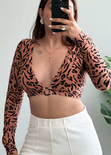 Size XS-S, Long Sleeve Deep V Padded Animal Print Crop Top - Closet by Payal